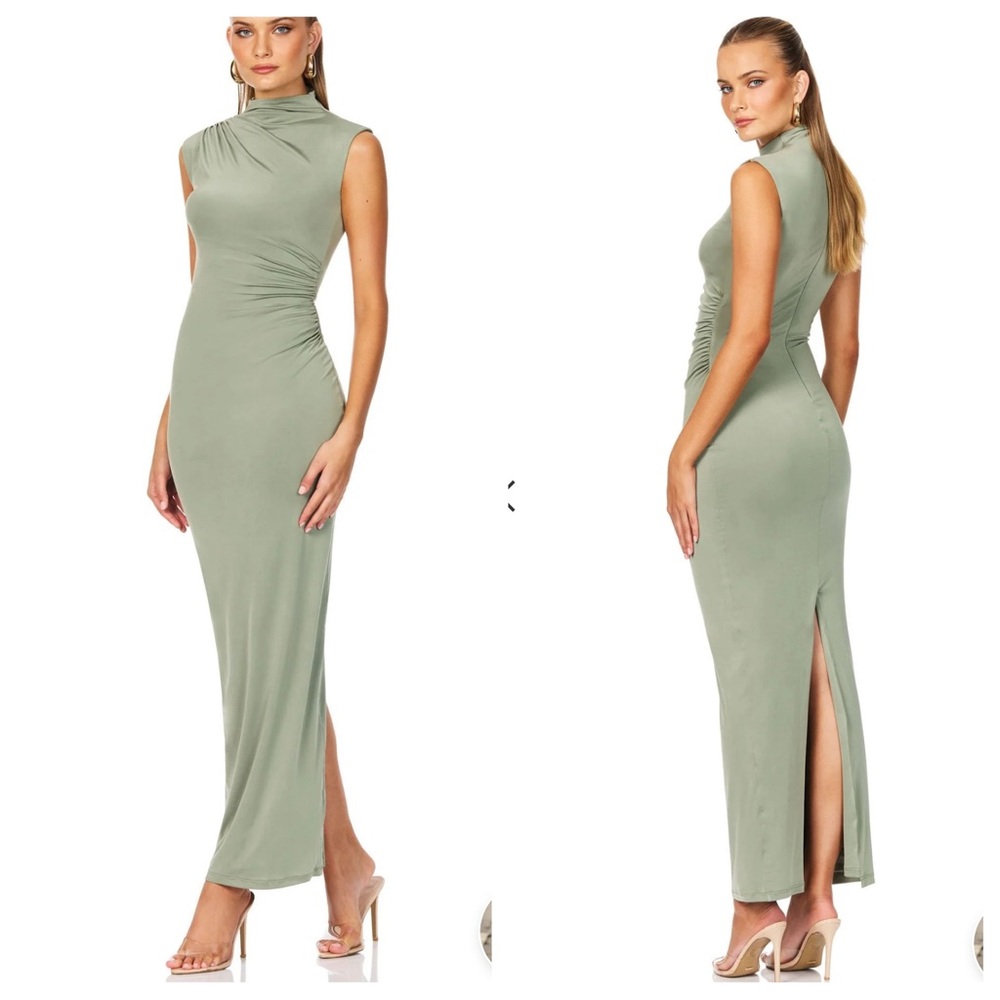 Nookie Sage Green Maxi Dress with High Neck and Side Slit